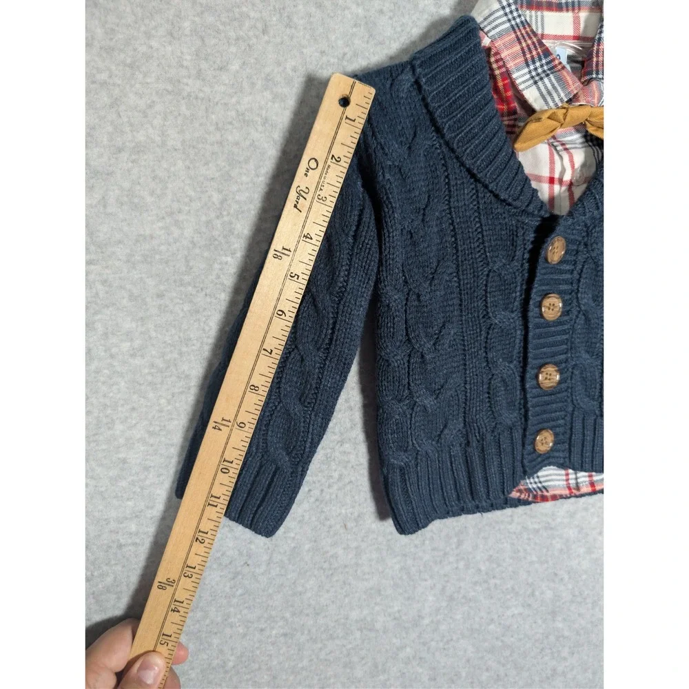 Little Lad Boys 12M Navy Cable Knit Cardigan Plaid Shirt Bow Tie‎ Preppy Dressy